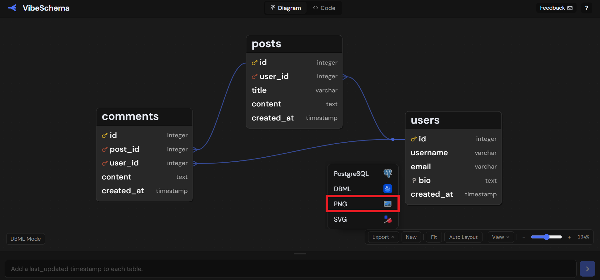 VibeSchema database schema exported as PNG